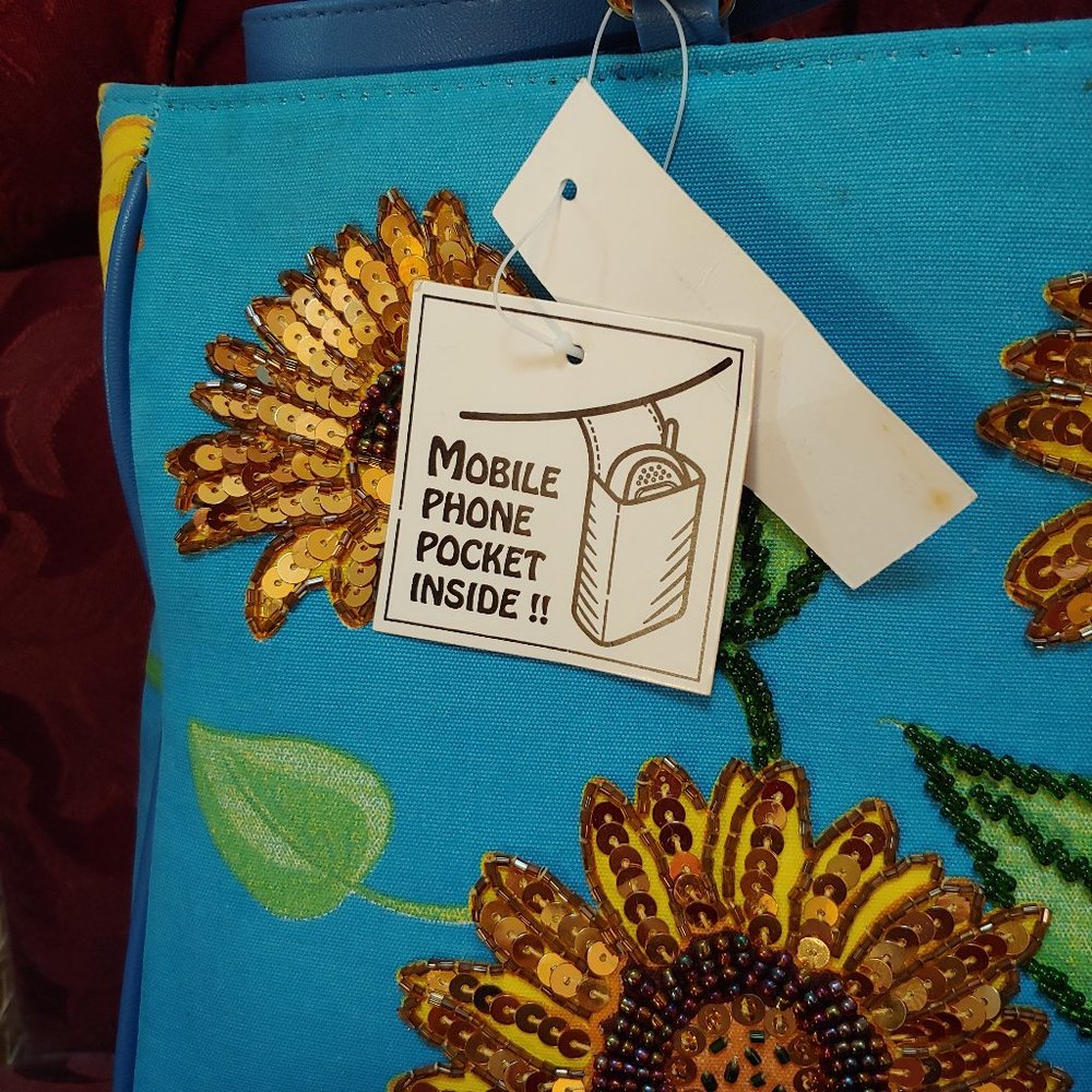 Canvas Purse with Beaded & Sequined Sunflowers NWT - Picture 3 of 5